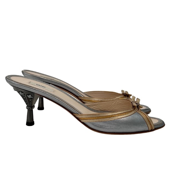 Vintage Metallic Prada Mules Kitten Heel with Bows IT 40.5 - Picture 1 of 11